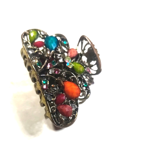 Hair Claw Clip Rhinestone Bright Colored Bejeweled Copper Tone Metal - Picture 4 of 5